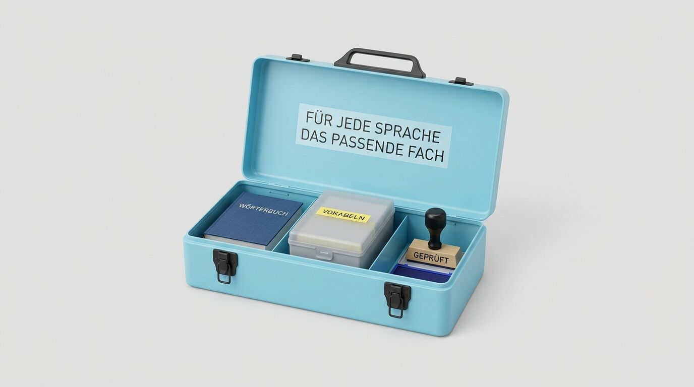 Hellblauer Koffer mit Sprachlernmaterialien: Wörterbuch, Vokabelkarten, Stempel "GEPRÜFT" und Aufschrift "Für jede Sprache das passende Fach"