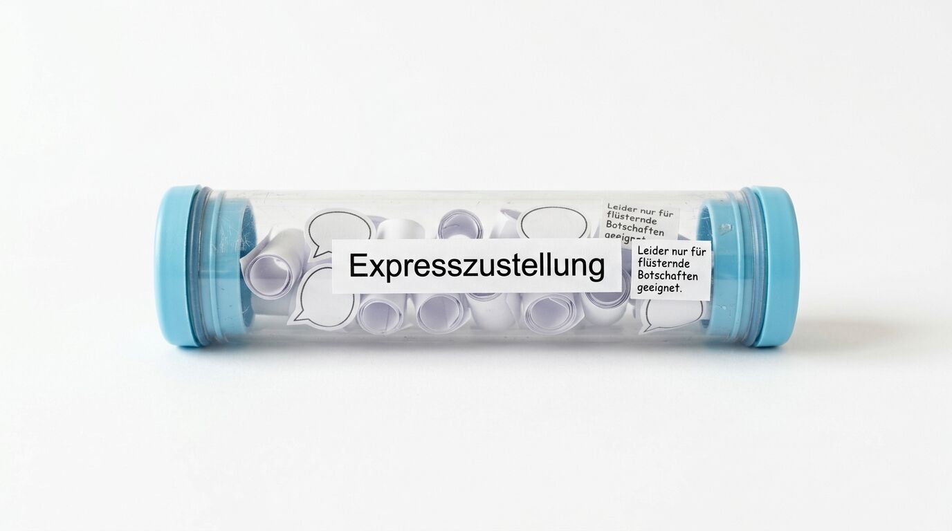 Rohrpostkapsel mit gerollten Zetteln und Aufschrift „Expresszustellung“ auf weißem Grund