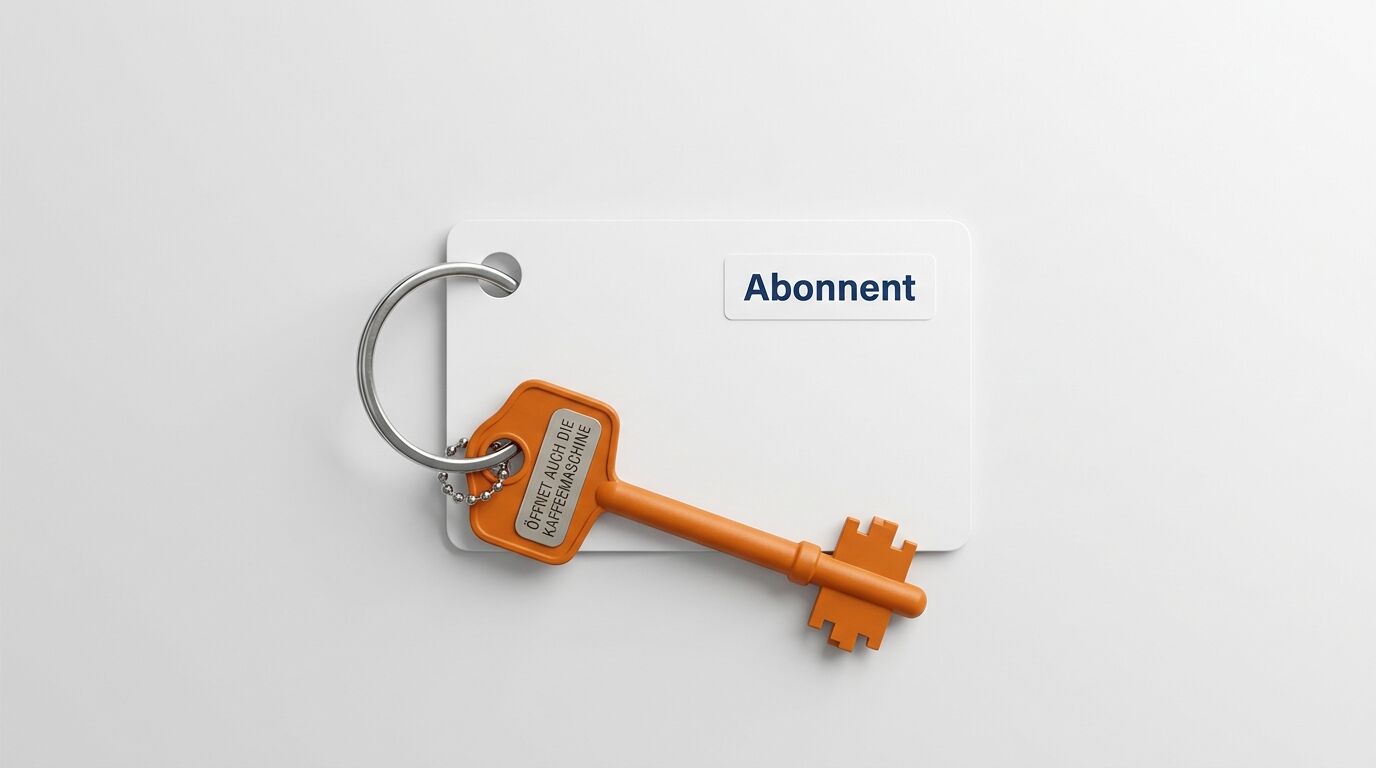 Orangener Schlüssel mit Karte „Abonnent“ auf weißem Grund