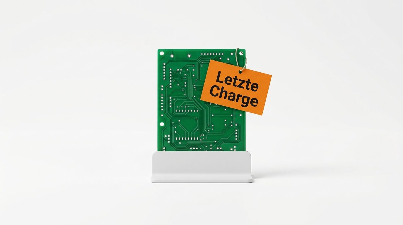 Platine im Ständer mit orangefarbenem Anhänger und Aufschrift Letzte Charge