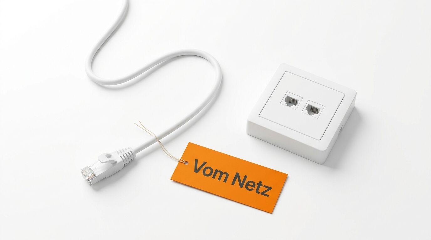 Ein Ethernet-Kabel mit dem Textanhänger „Vom Netz“ ist links neben einer RJ45-Wandsteckdose zu sehen