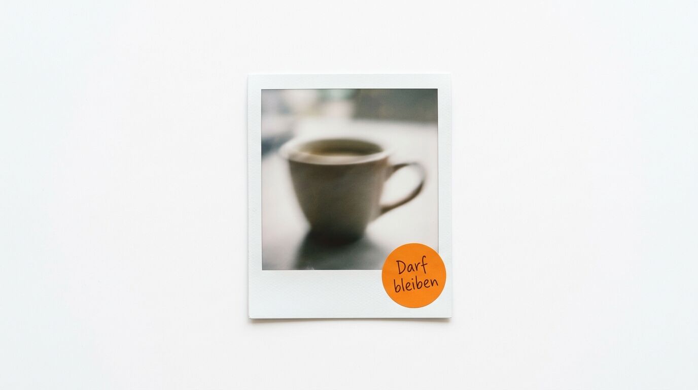 Sofortbild einer Kaffeetasse, darauf ein oranger runder Aufkleber mit dem Text: Darf bleiben