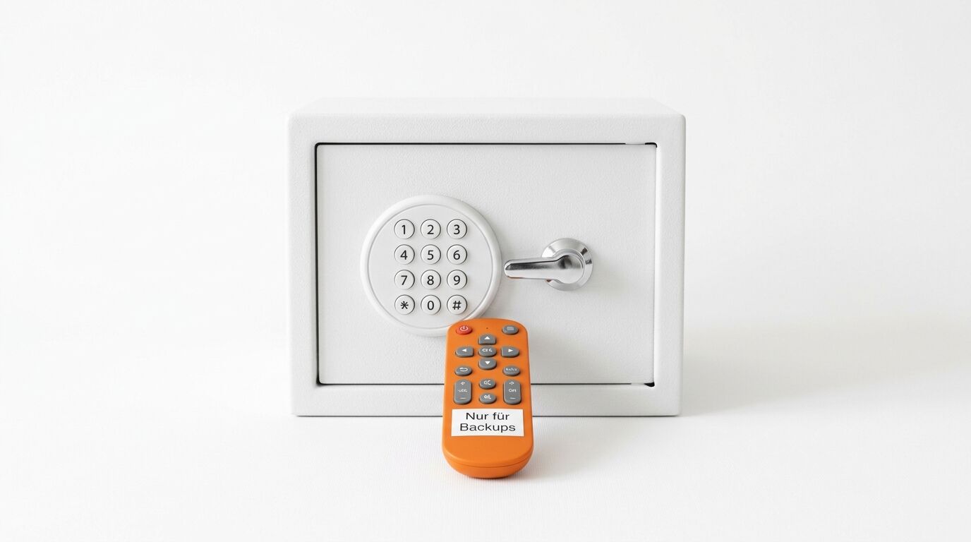 Weißer Tresor mit Tastatur und orangefarbener Fernbedienung mit Aufschrift „Nur für Backups“