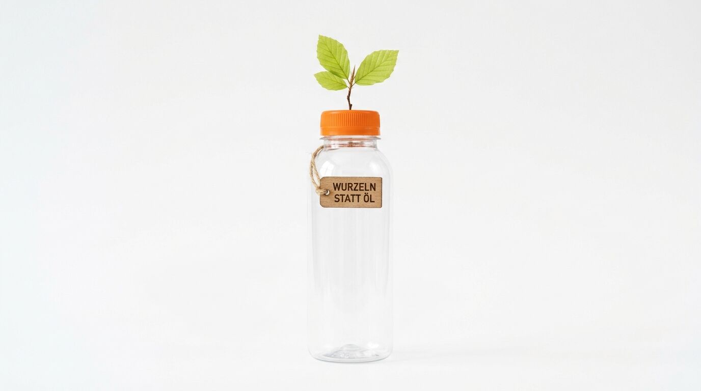 Flasche mit Pflanze und Schild „WURZELN STATT ÖL“ vor weißem Hintergrund