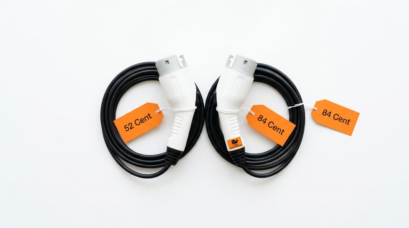 Zwei Ladestecker mit Kabel und Preisschildern (52/84 Cent) auf weißem Grund