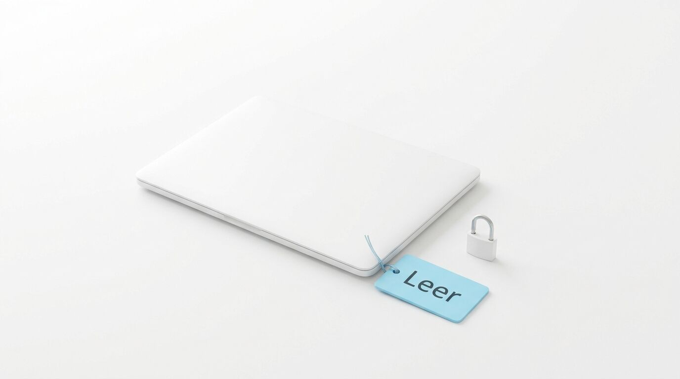 Ein geschlossener, weißer Laptop mit einem blauen „Leer“-Anhänger und einem Vorhängeschloss daneben