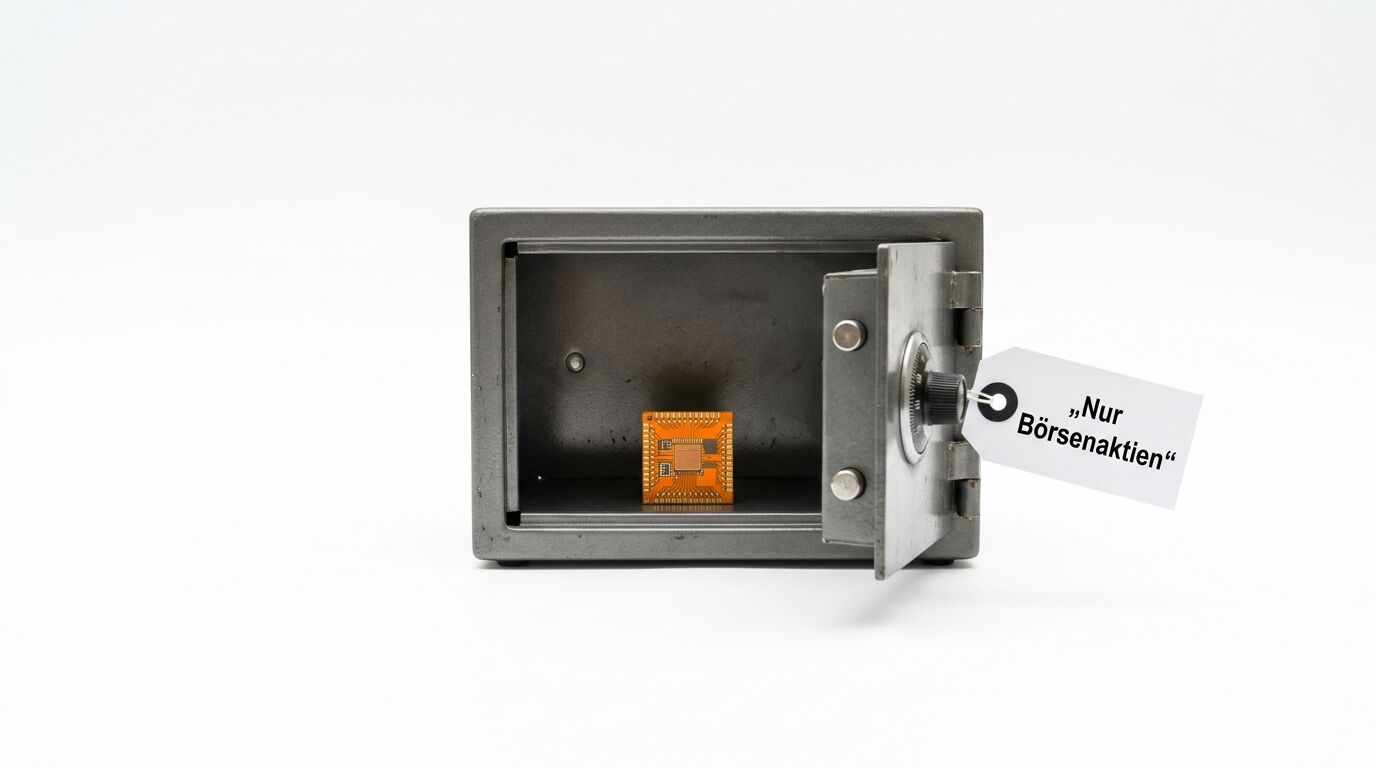 Ein grauer Safe steht offen, darin ein Mikrochip. Am Schloss ein Etikett „Nur Börsenaktien“