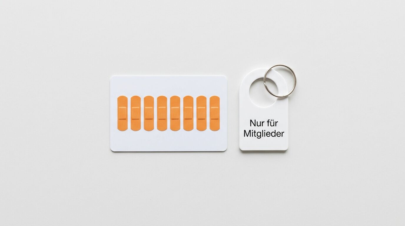 Karte mit Pflastern und Schlüsselanhänger mit Aufschrift „Nur für Mitglieder“ auf weißem Grund
