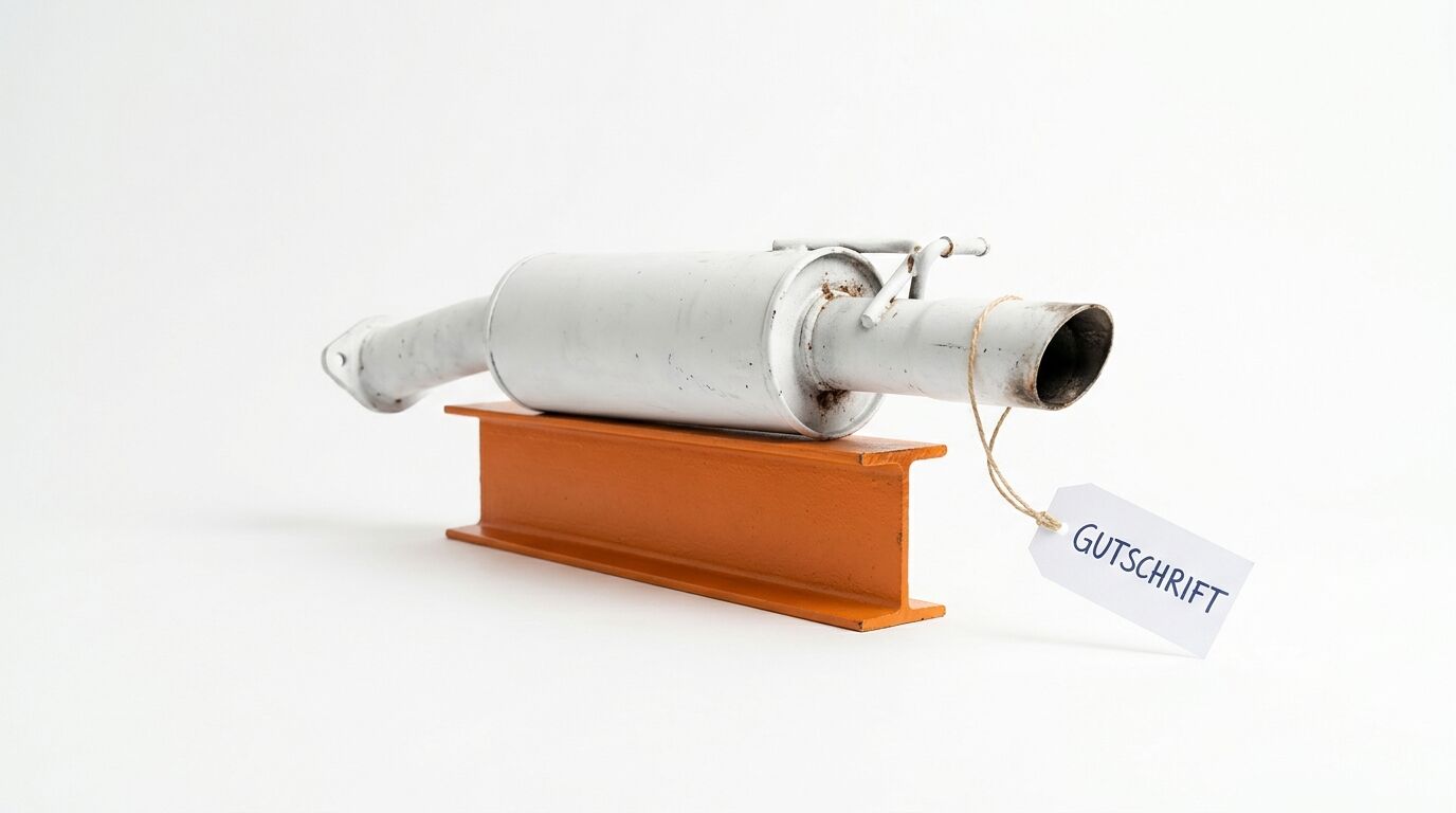 Auspufftopf auf orangefarbenem I-Träger mit Etikett „GUTSCHRIFT“, weißer Hintergrund