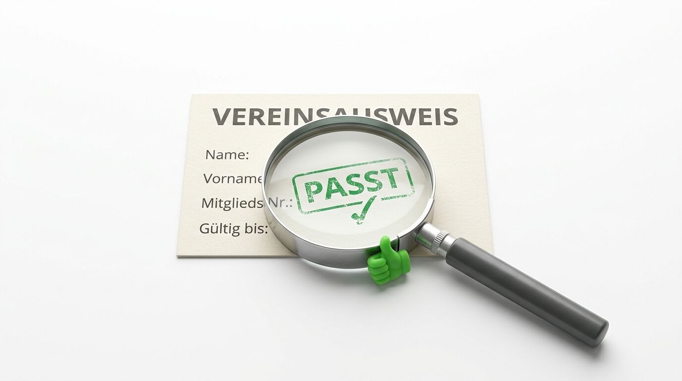 Vereinsausweis mit Lupe und grünem Daumen, Stempel "PASST" sichtbar