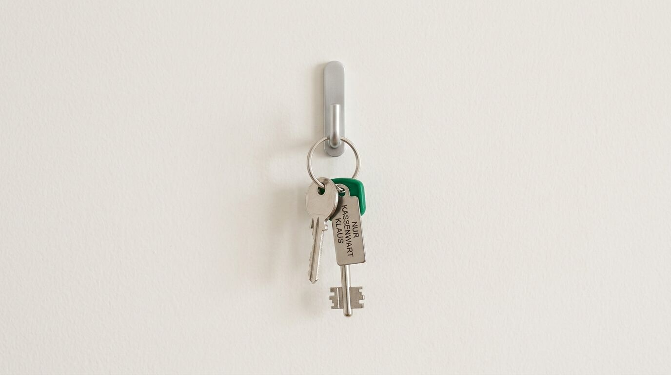 Schlüsselbund an silbernem Haken an weißer Wand mit zwei Schlüsseln und grünem Schlüsselanhänger