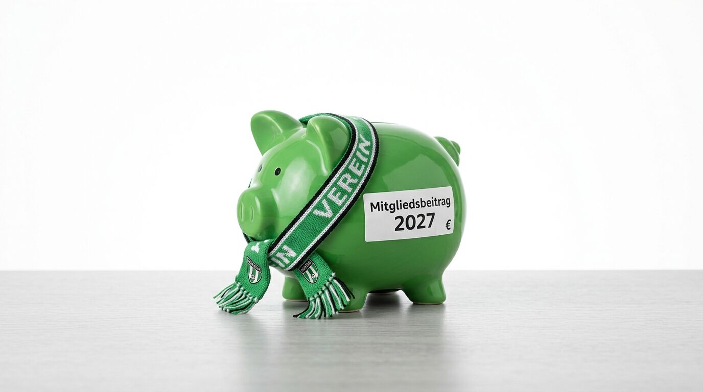 Grünes Sparschwein mit grünem Schal und Etikett "Mitgliedsbeitrag 2027 €" auf grauem Untergrund