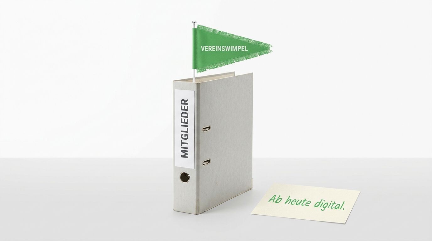 Ein Ordner mit Vereinswimpel-Flagge und der Aufschrift "Mitgliedeter" neben einer Notiz "Ab heute digital"