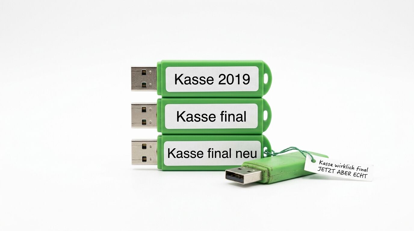 Drei grüne USB-Sticks mit den Beschriftungen "Kasse 2019", "Kasse final" und "Kasse final neu" nebeneinander angeordnet