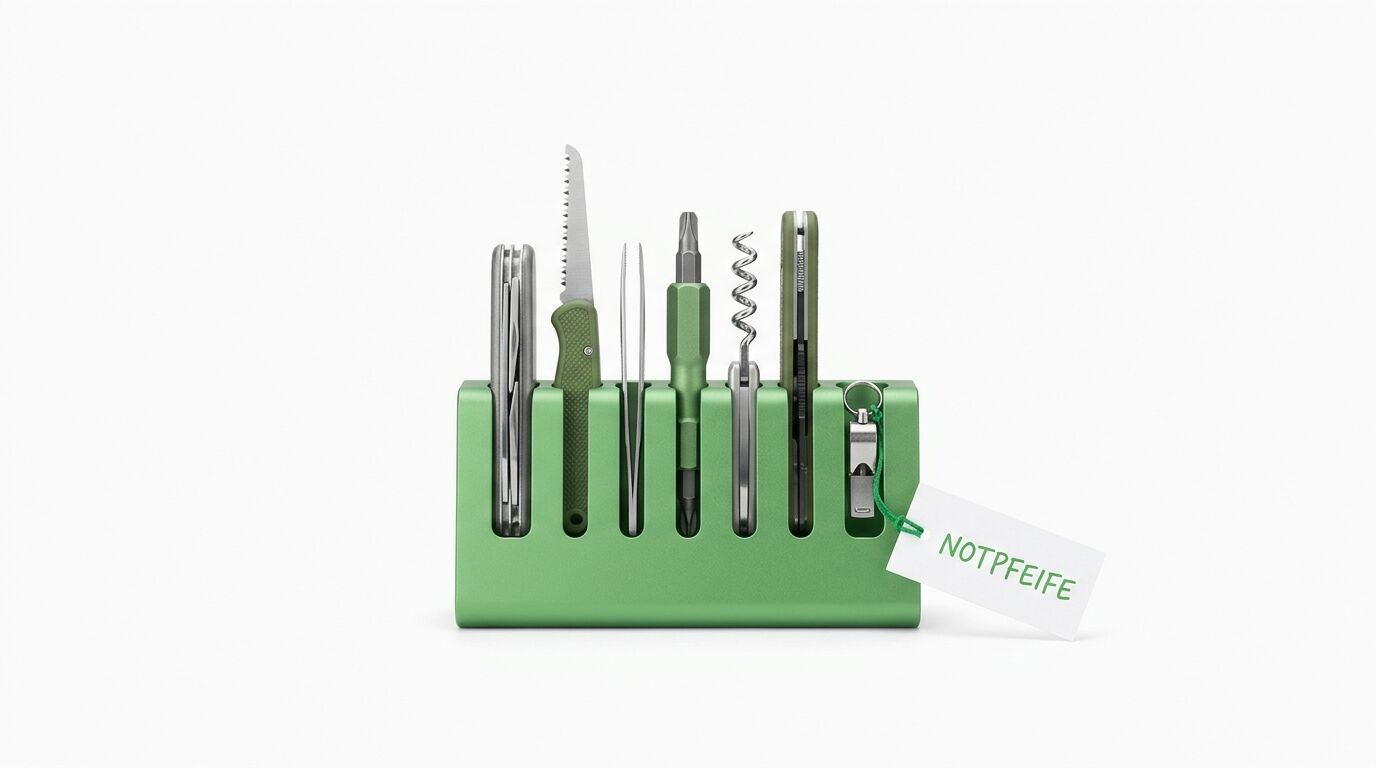 Grünes Schweizer Taschenmesser-Set der Marke Notpfeife mit sieben verschiedenen Werkzeugen in organizer-ähnlicher Halterung