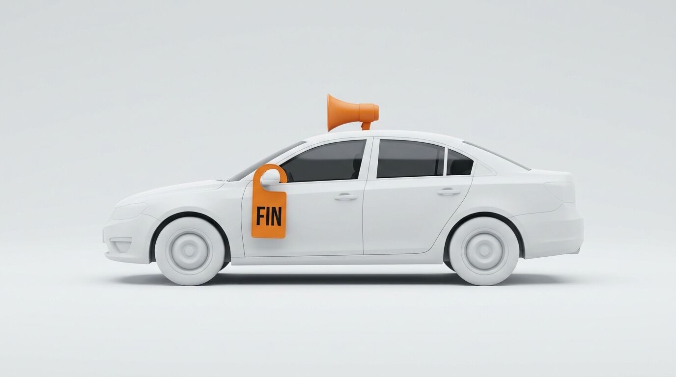 Weißes Auto, Seitenansicht, Megafon auf Dach, orangefarbener „FIN“-Anhänger am Spiegel
