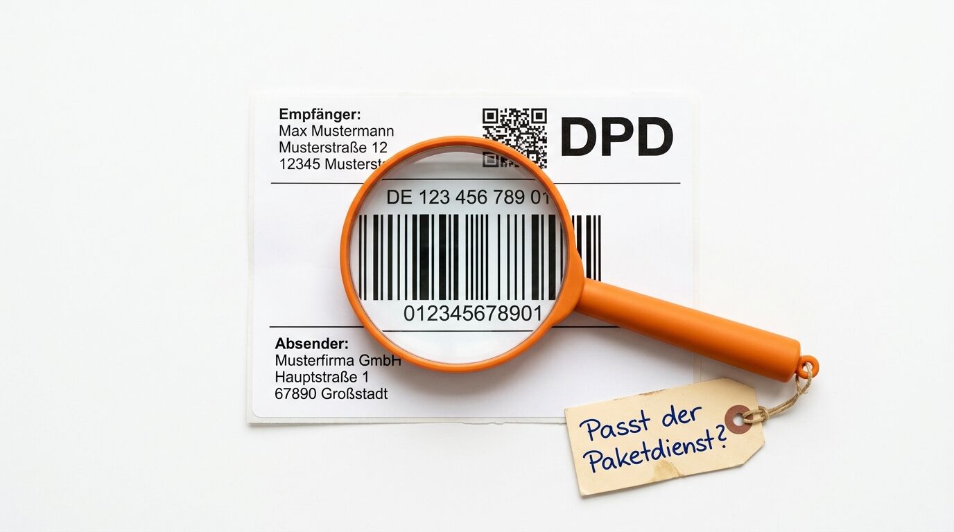 DPD-Paketschein mit Lupe, die Barcode zeigt. Empfänger- und Absenderadresse sichtbar. Anhänger fragt "Passt der Paketdienst?"