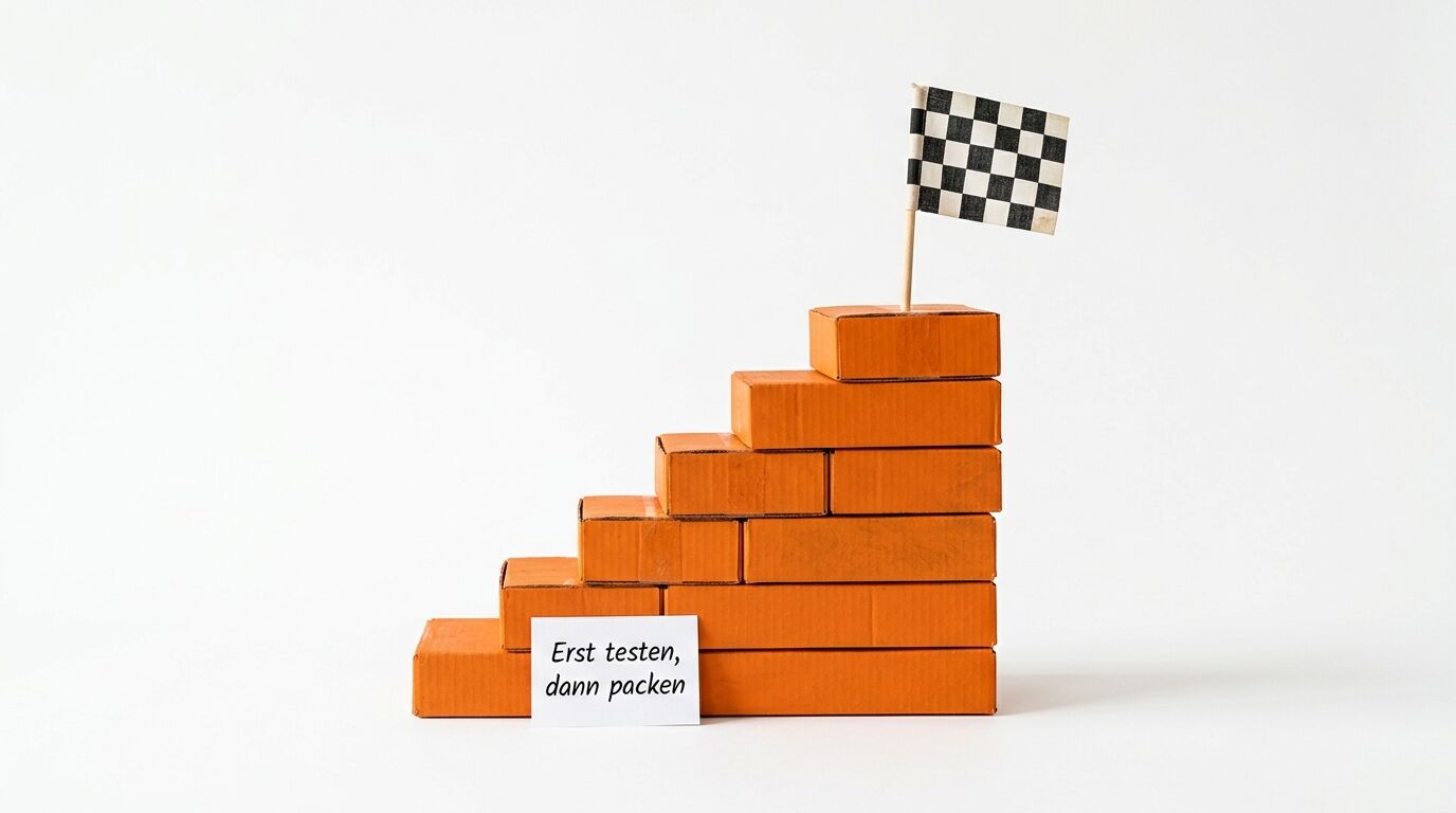 Pyramide aus orangenen Kartons mit Zielflagge oben. Notiz "Erst testen, dann packen" davor