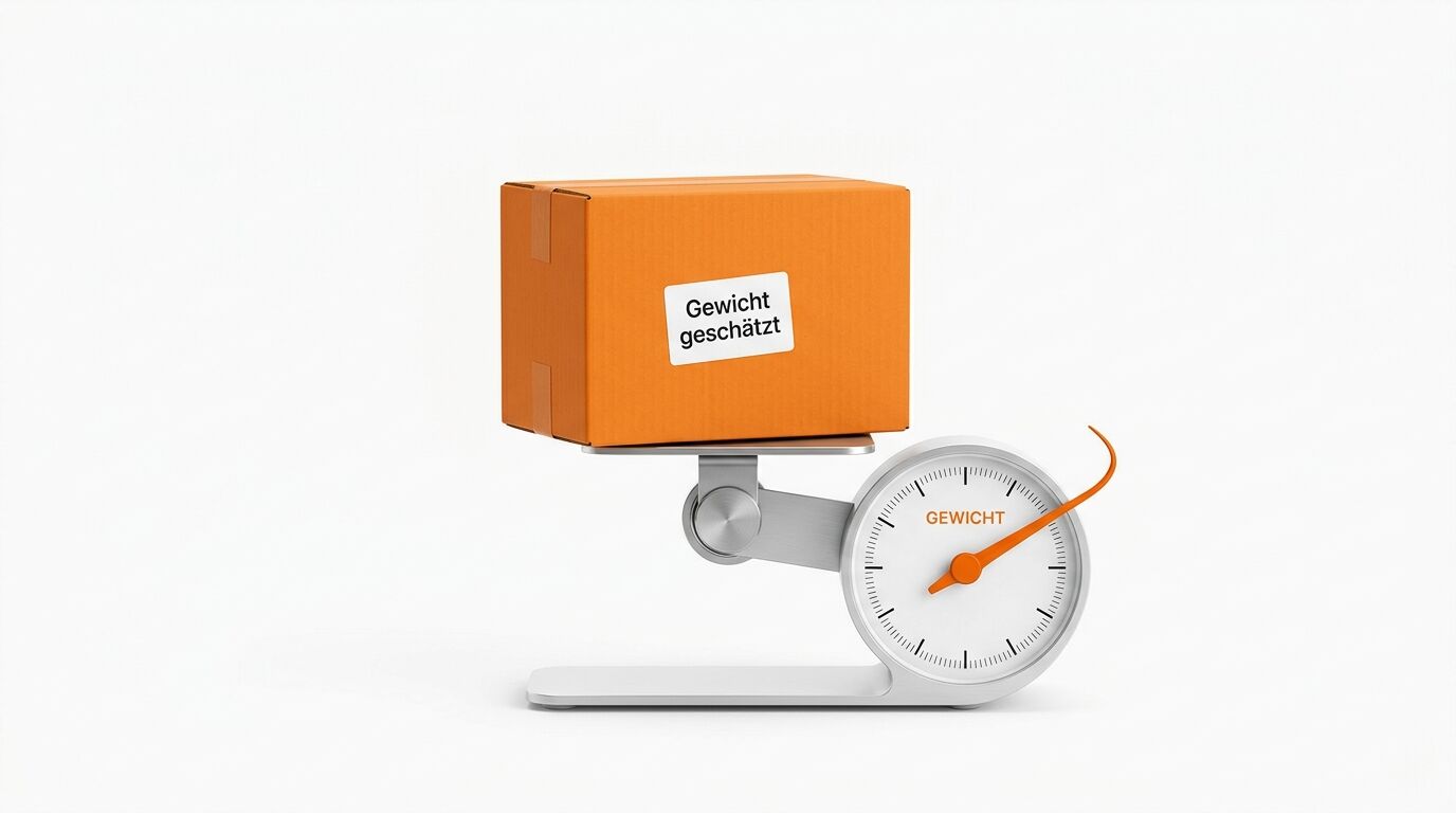 Orange Karton auf einer Waage mit "Gewicht geschätzt" Aufkleber, analoges Zifferblatt zeigt Gewichtsmessung