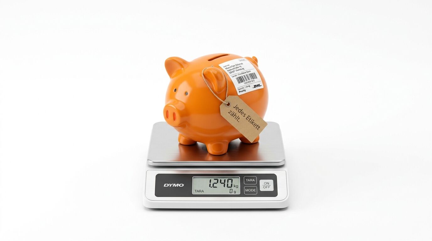 Orange Sparschwein auf einer digitalen Waage, die 1,240 kg anzeigt, mit Paketaufkleber und Versandschein