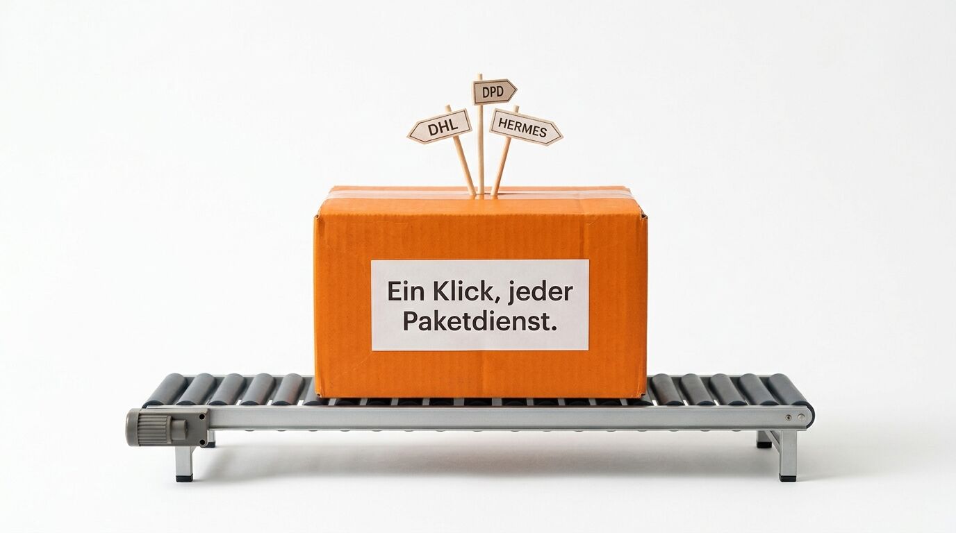 Orange Paket auf Förderband mit Schildern (DPD, DHL, HERMES) und Text "Ein Klick, jeder Paketdienst"
