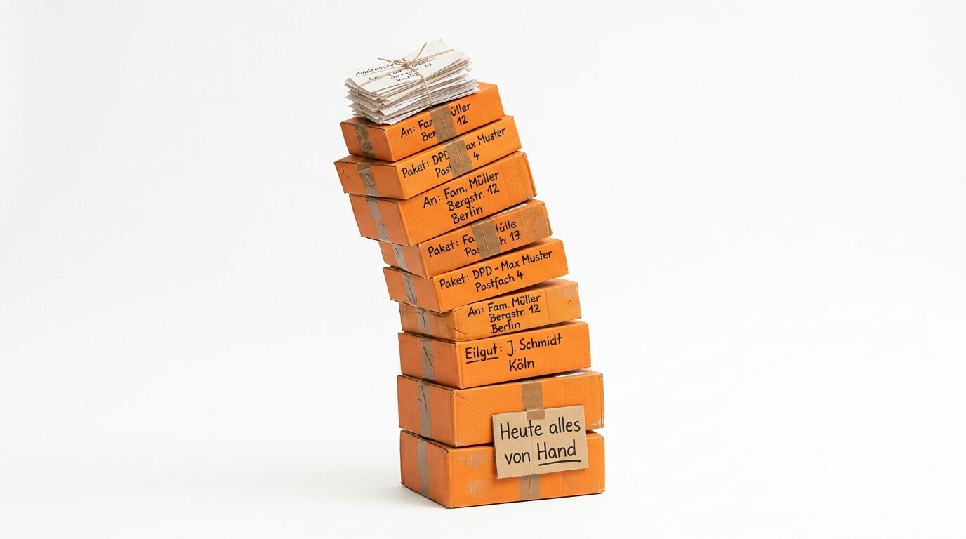 Ein wackeliger Stapel orange Pakete mit deutschen Adressen und Dokumenten oben drauf vor weißem Hintergrund