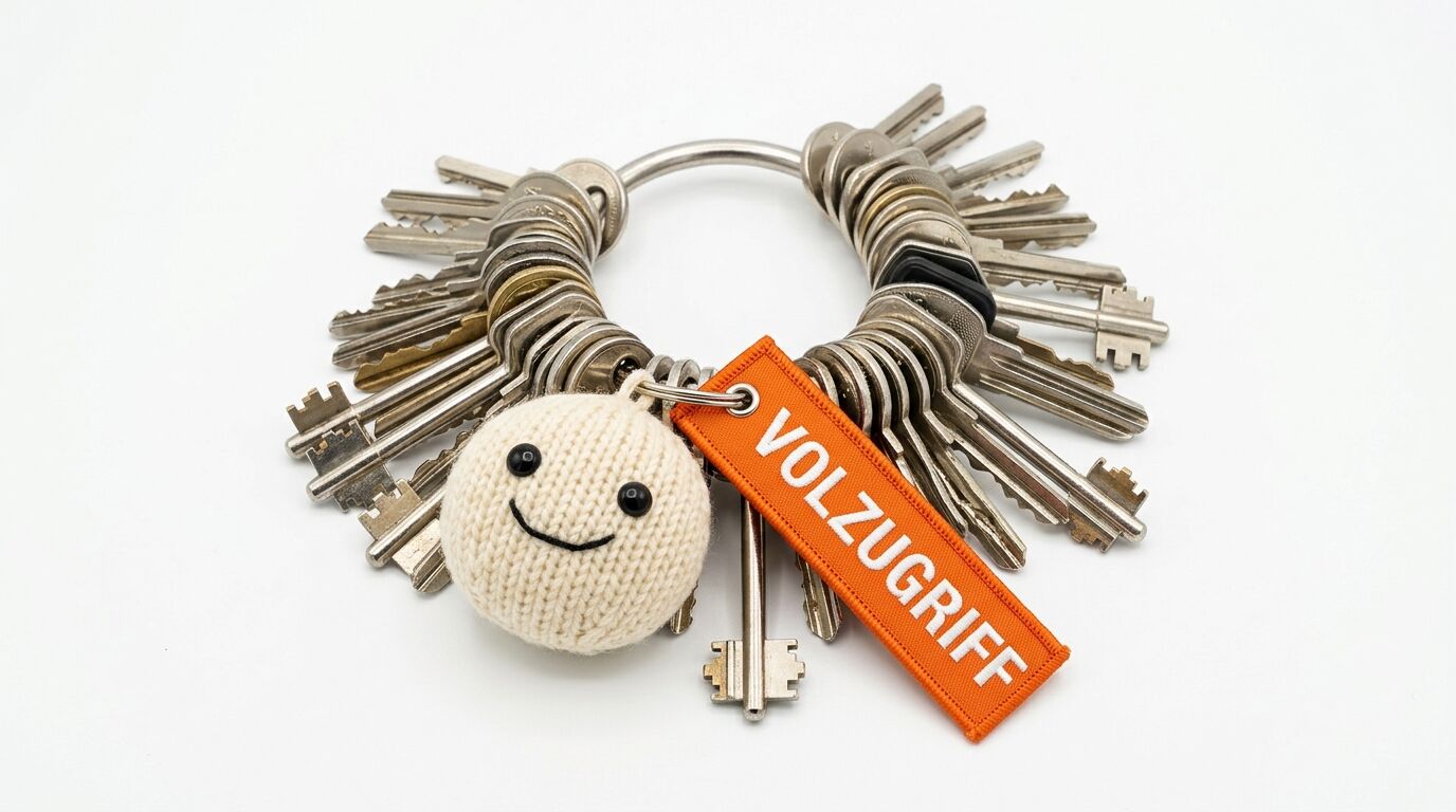 Großer Schlüsselring mit vielen Schlüsseln, Smiley-Anhänger und Aufschrift „VOLZUGRIFF“