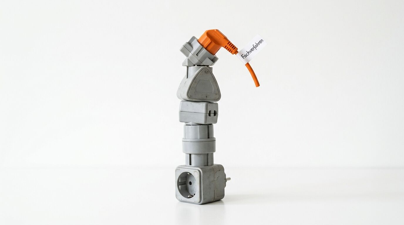 Turm aus grauen Steckdosenadaptern und einem orangen Kabel mit dem Etikett