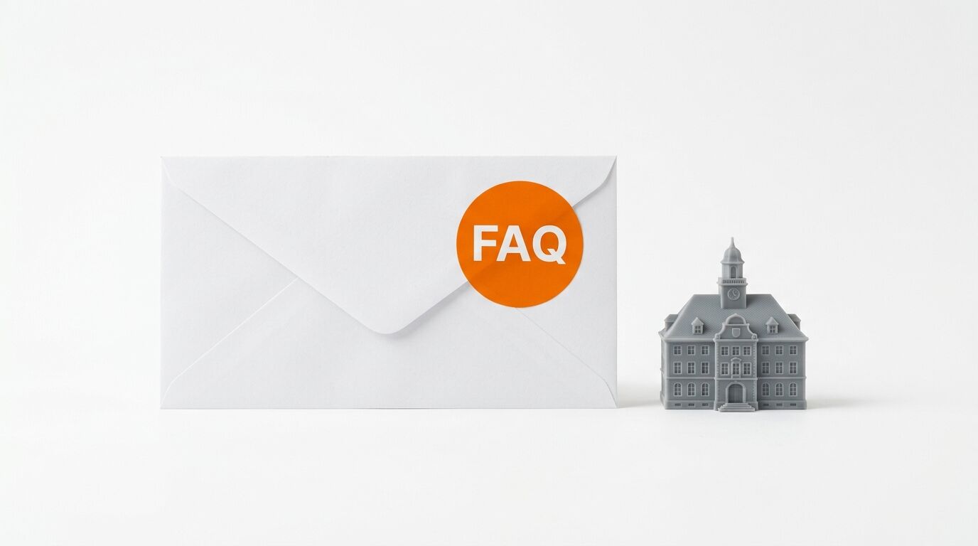 Brief mit orangefarbenem FAQ-Sticker und graues Miniaturgebäude vor weißem Hintergrund