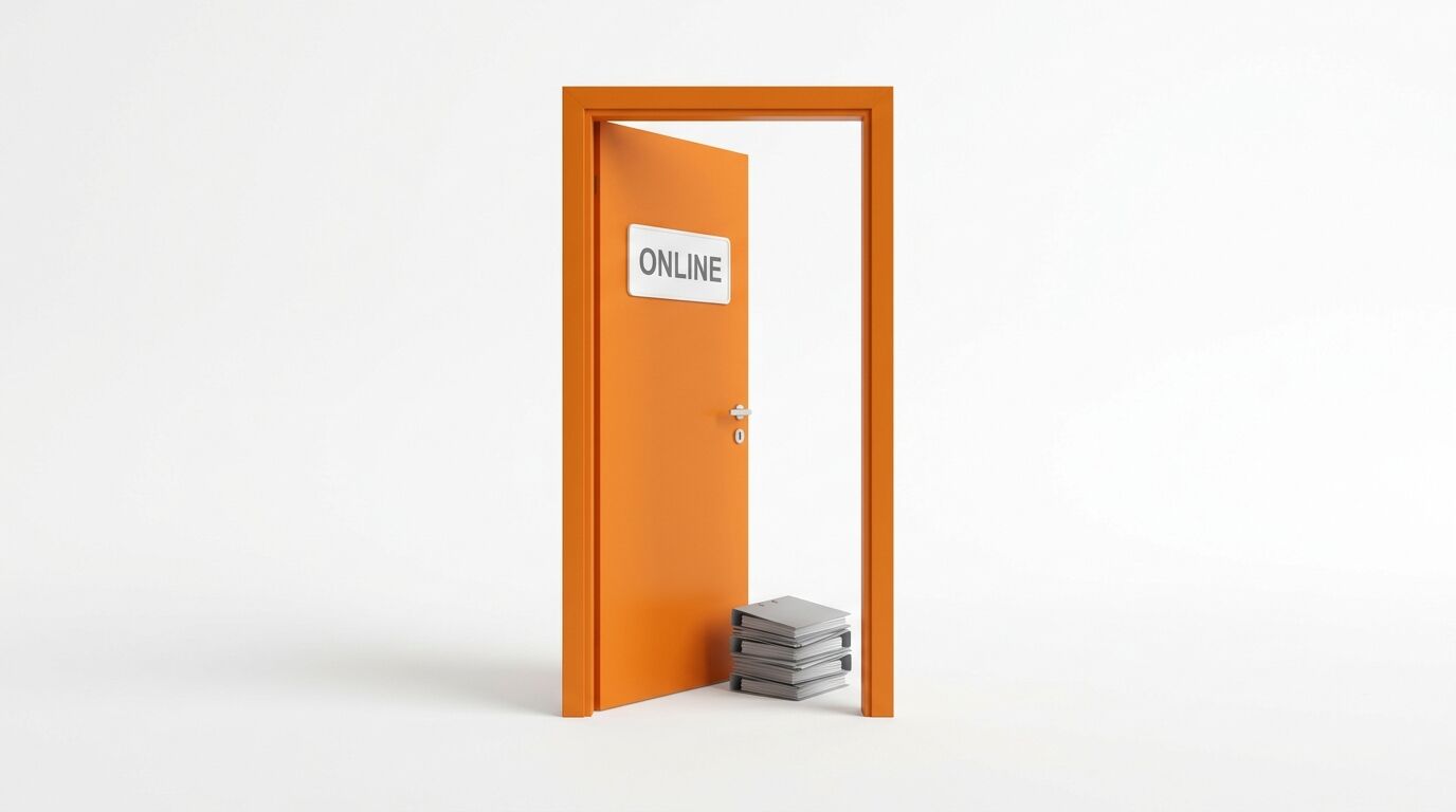 Geöffnete orange Tür mit „ONLINE“-Schild vor weißem Hintergrund. Aktenstapel davor