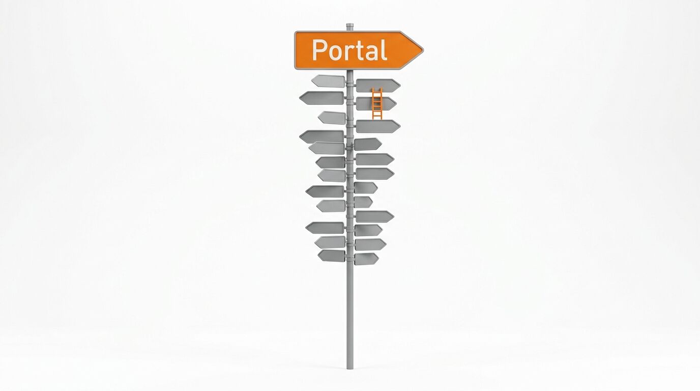Wegweiser-Säule mit vielen leeren Pfeilen und einem oberen orangen mit der Aufschrift Portal