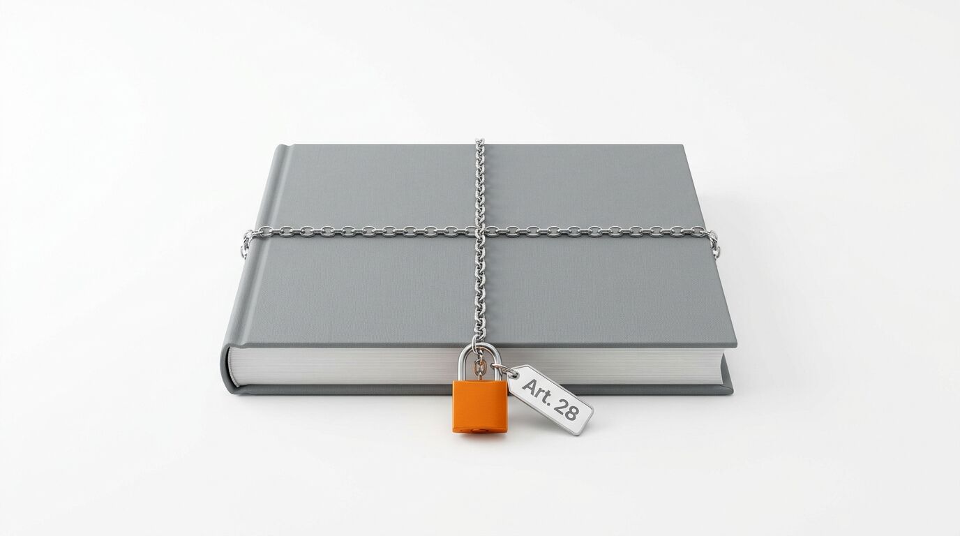 Graues Buch in Kette und orangefarbenem Vorhängeschloss mit Tag