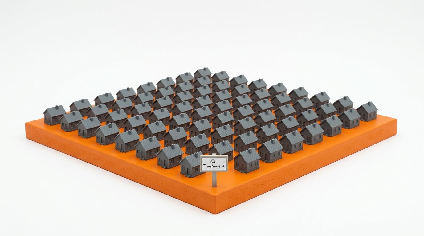 Modellhäuser auf orangefarbener Plattform mit Schild