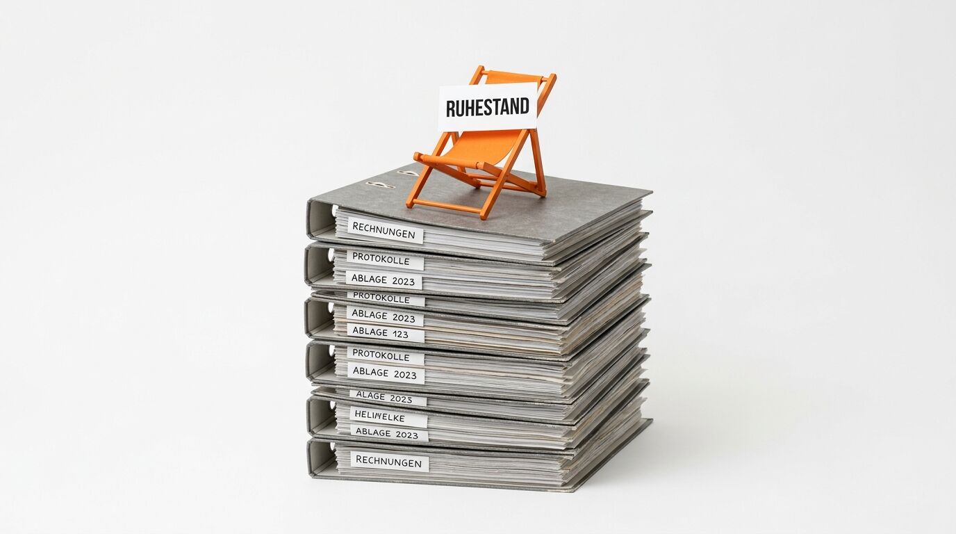 Aktenstapel mit Liegestuhl oben, Schild 'RUHESTAND', 'Rechnungen', 'Protokolle', 'Ablage 2023'
