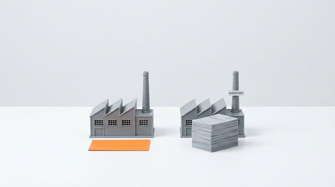 Zwei graue Modellfabriken: eine mit orangefarbenem Papier, eine mit Stapel und „AUSSORTIERT“-Schild