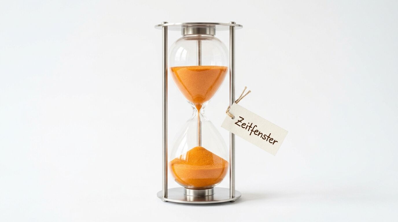 Sanduhr mit orangem Sand und Anhänger mit Aufschrift „Zeitfenster“ vor weißem Hintergrund
