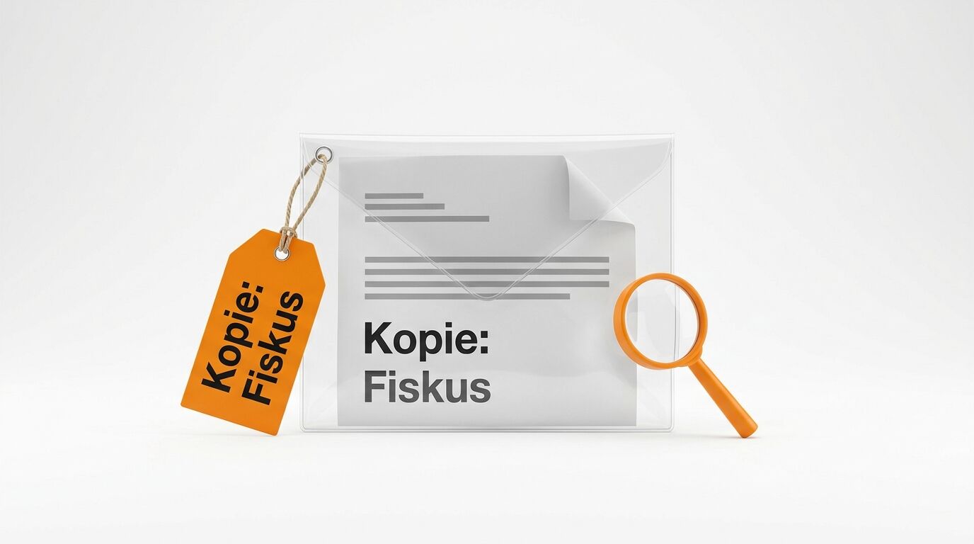 Oranges Schild, transparente Hülle, Blatt mit Text „Kopie: Fiskus“ und Lupe auf Weiß