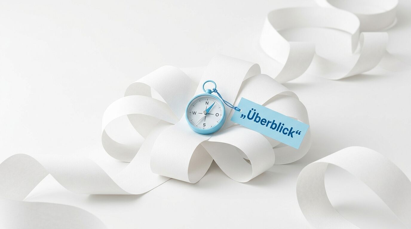 Kompass und Etikett „Überblick“ auf einer weißen Papierschleife vor hellem Grund