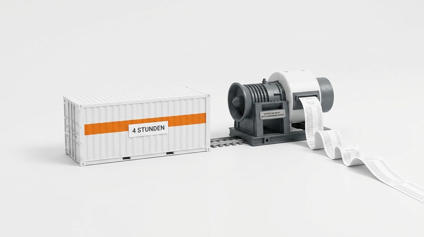 Modell eines ISO-Containers mit der Aufschrift „4 STUNDEN“ und eines Turboladers mit Papierdauerdruck