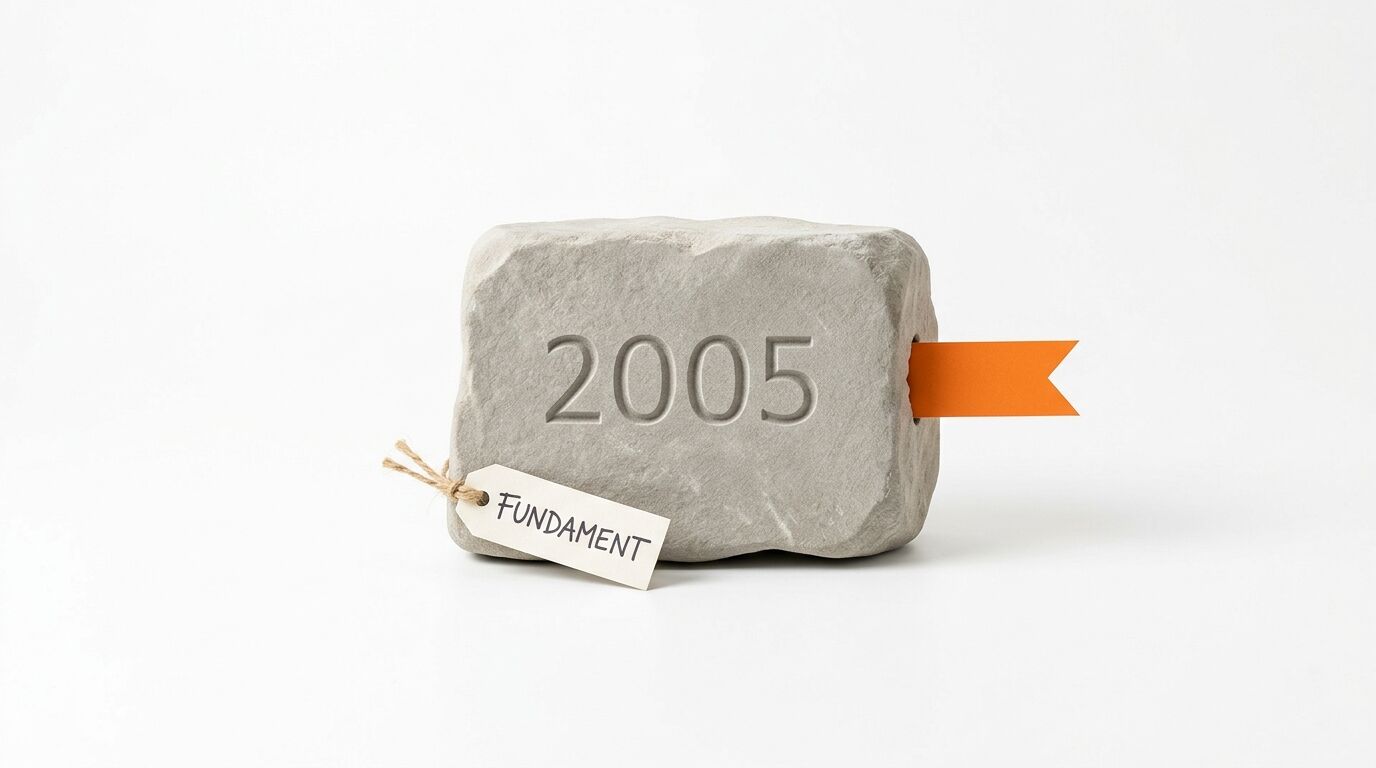 Steinblock mit eingravierter Jahreszahl 2005, orangefarbener Lasche und Etikett „FUNDAMENT“