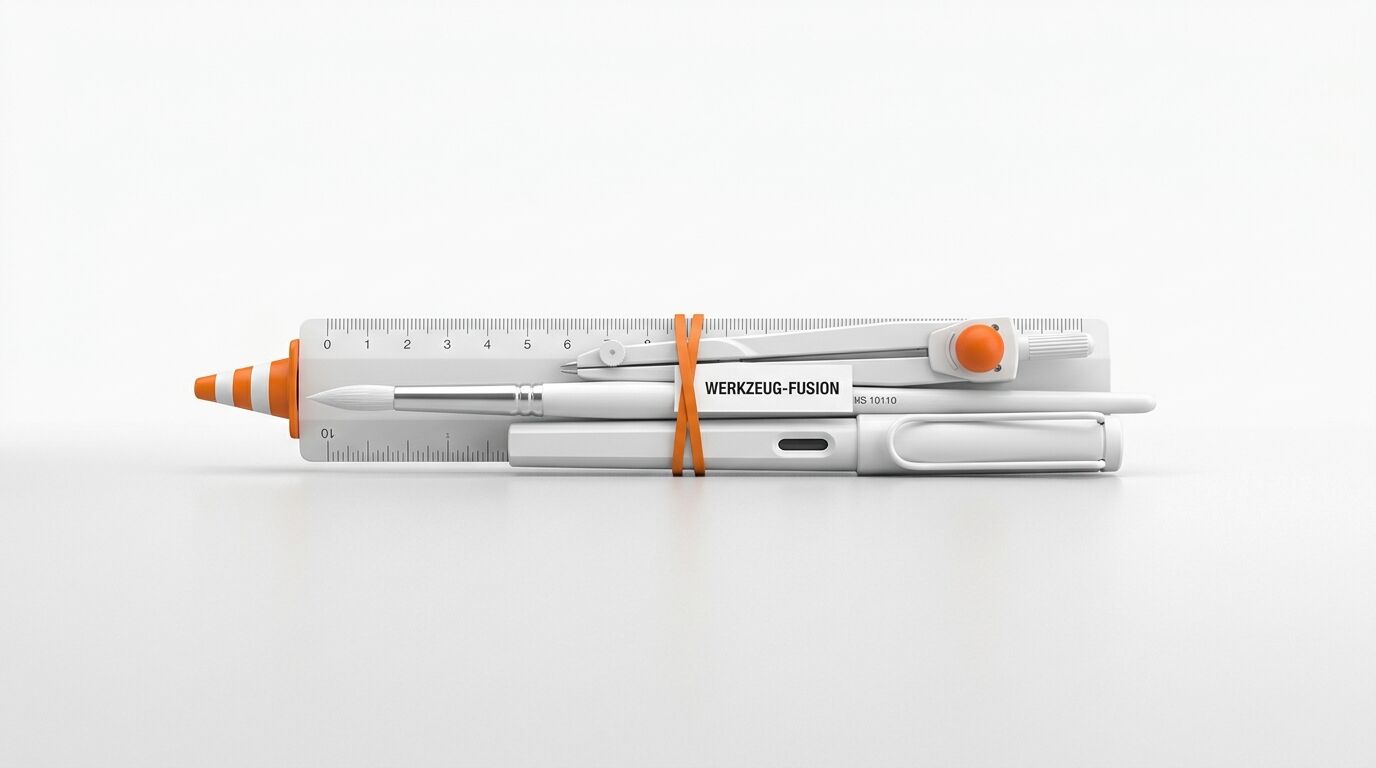Ein Bündel Zeichenwerkzeuge mit orangefarbenem Band vor weißem Hintergrund