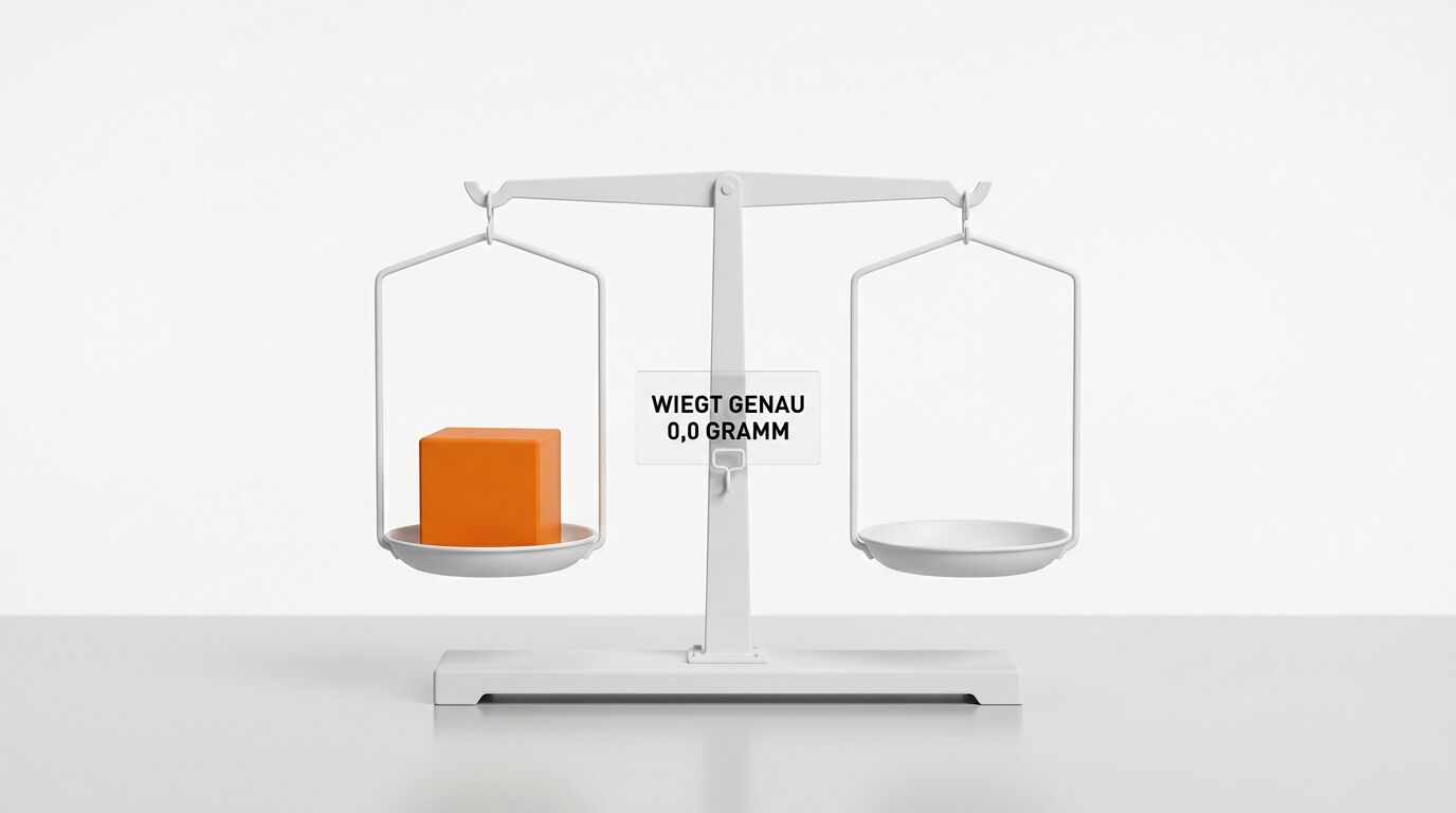 Eine Balkenwaage hält einen orangefarbenen Würfel, ein Schild sagt 0,0 GRAMM