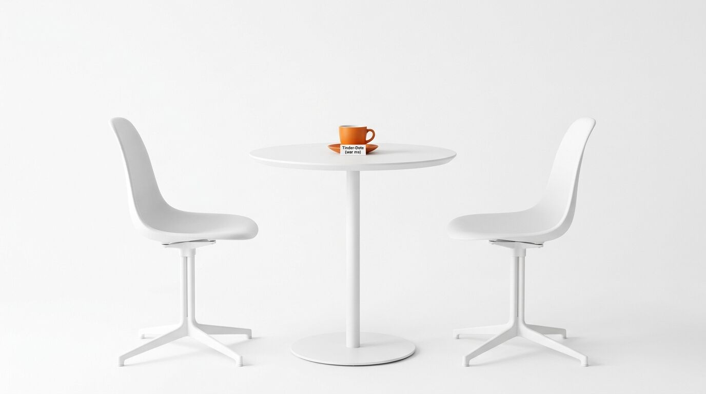 Weißer Tisch, zwei Stühle, orange Tasse und Schildchen „Tinder-Date (war nix)“ auf weiß