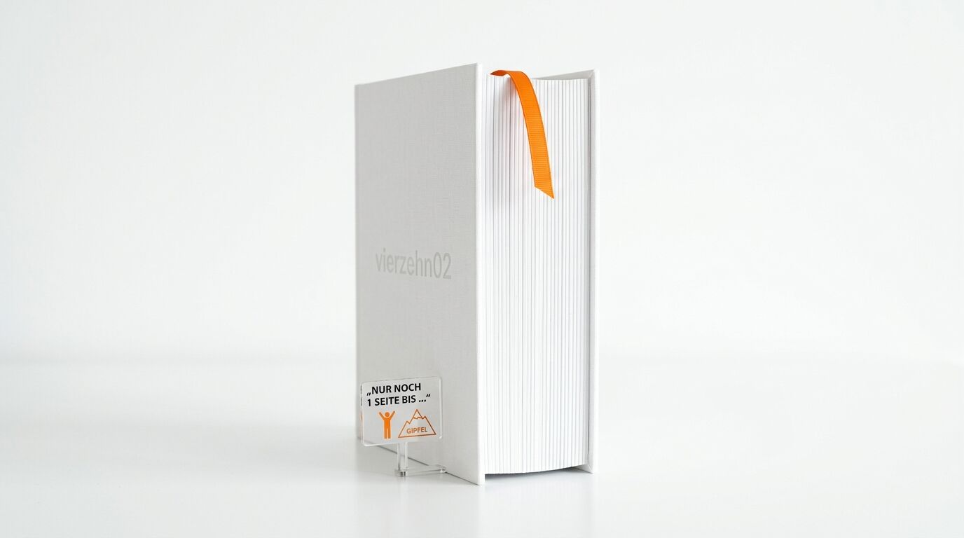 Stehendes weißes Buch mit orangefarbenem Leseband und Acrylschild vor weißem Hintergrund