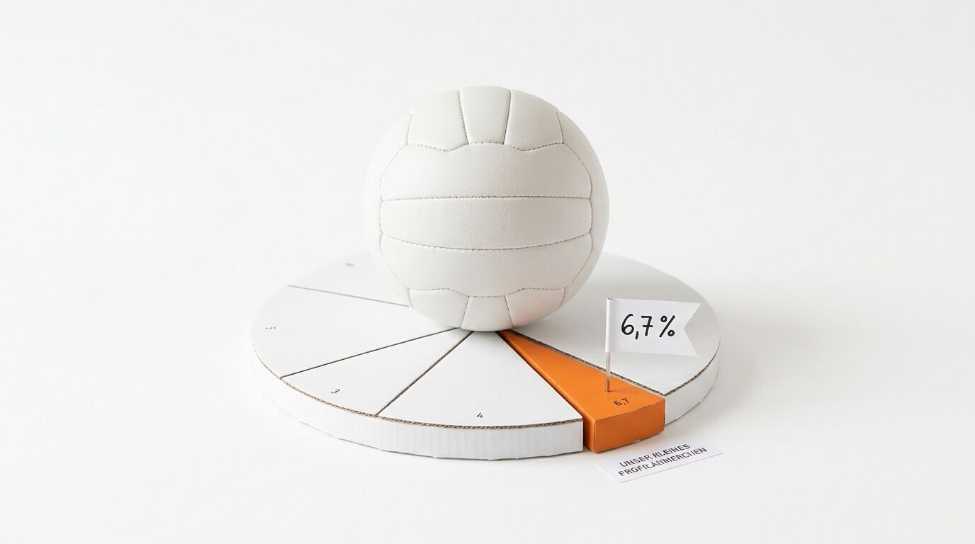 Volleyball auf Tortendiagramm mit 6,7%-Fahne und Schriftzug „Unser kleines Profitmärchen“