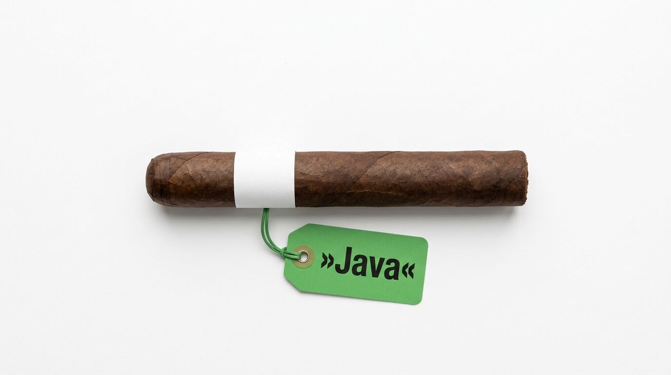Horizontale Zigarre mit weißer Banderole und grünem „Java“-Anhänger vor weißem Grund