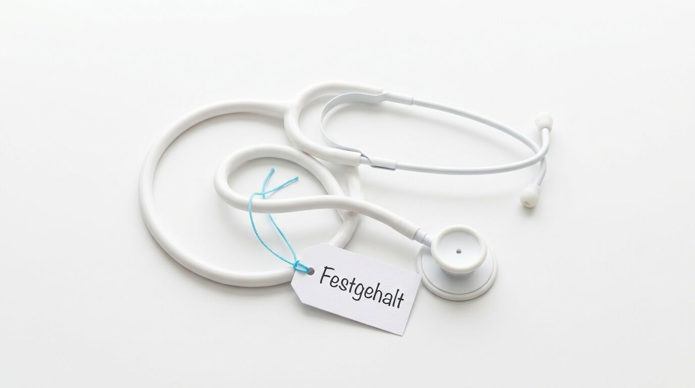 Ein weißes Stethoskop mit einem Anhänger, auf dem „Festgehalt“ steht