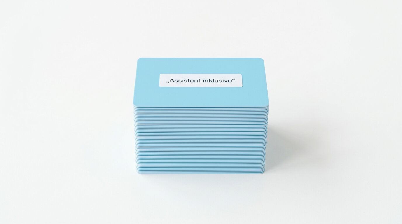 Ein Stapel hellblauer Karten mit dem Aufdruck „Assistent inklusive“