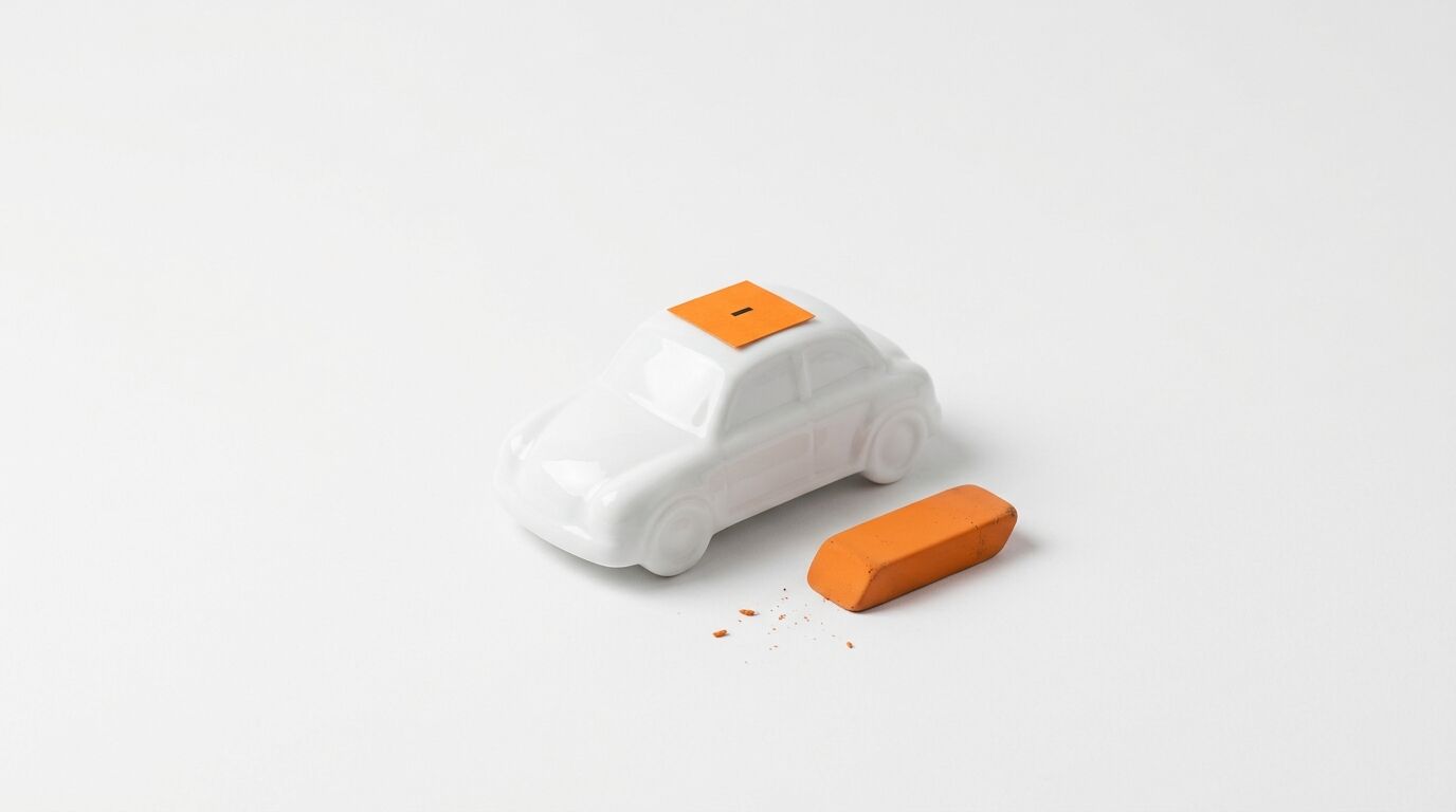 Ein weißes Keramikauto mit orangefarbener Markierung, daneben ein orangefarbenes Kreidestück