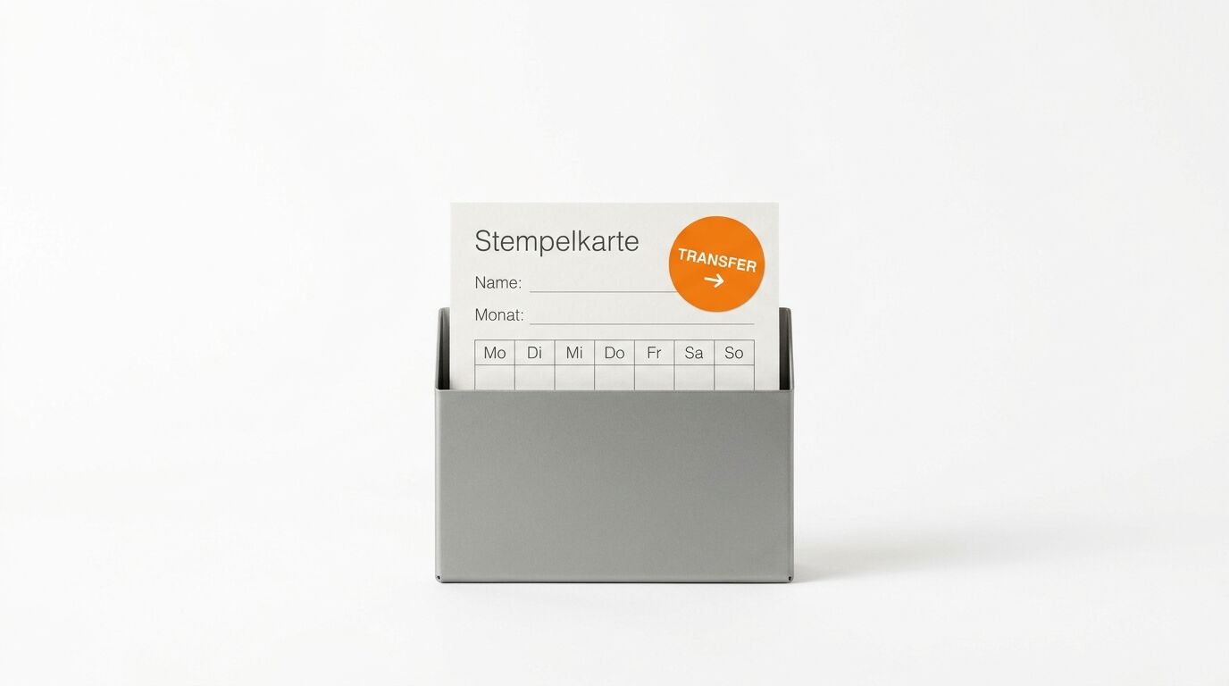 Eine graue Box hält eine unbeschriftete Stempelkarte mit orangem Transfer-Aufkleber